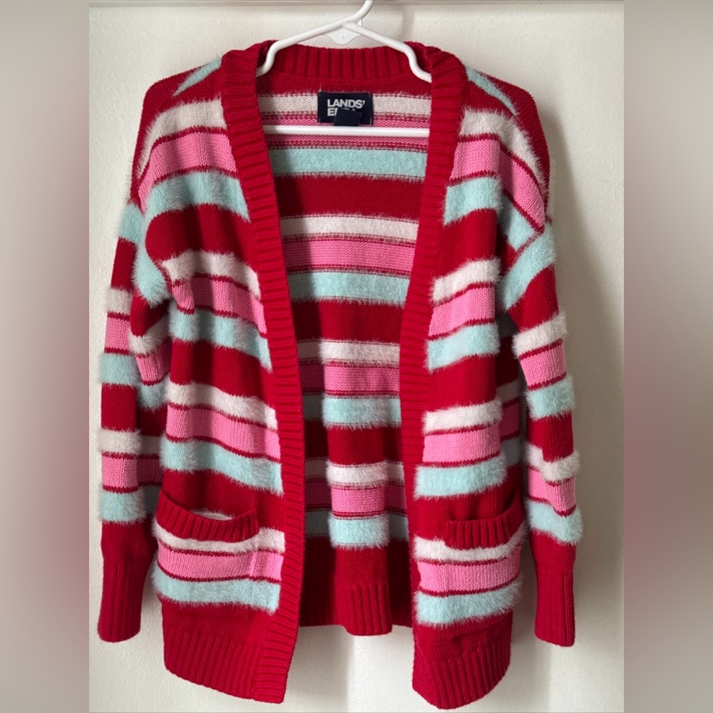 Girls Lands End Red White Striped Open Front Cardigan Sz XS (size 4-5)